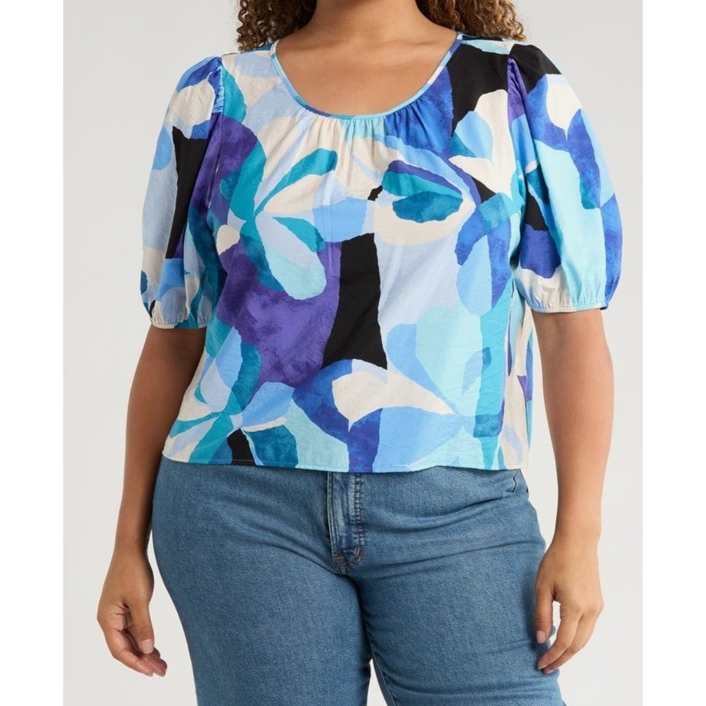 Renee C Plus Size Puff Sleeve Top Blue Purple Abstract Floral Blouse 1XL 5138TPB
